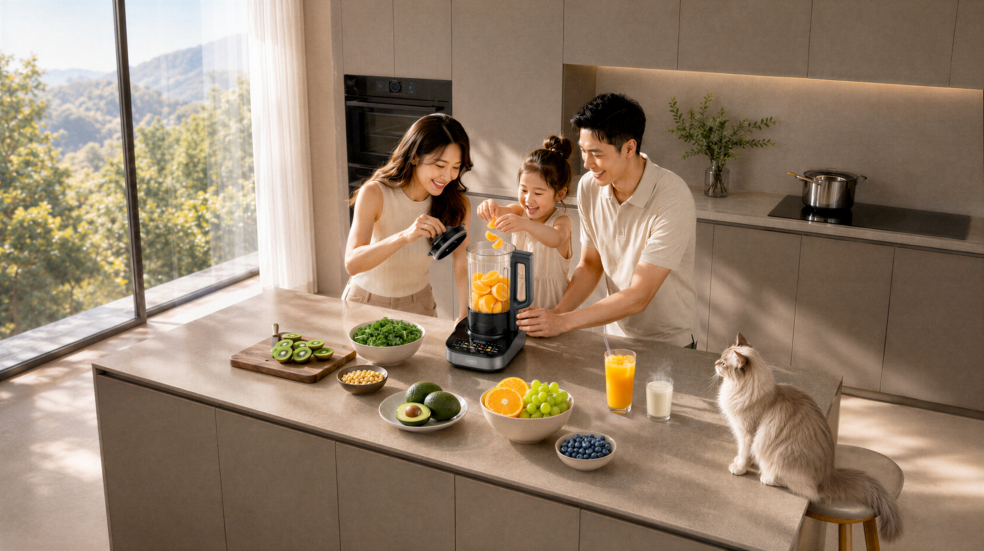 家庭在自然光厨房中共同使用九阳产品